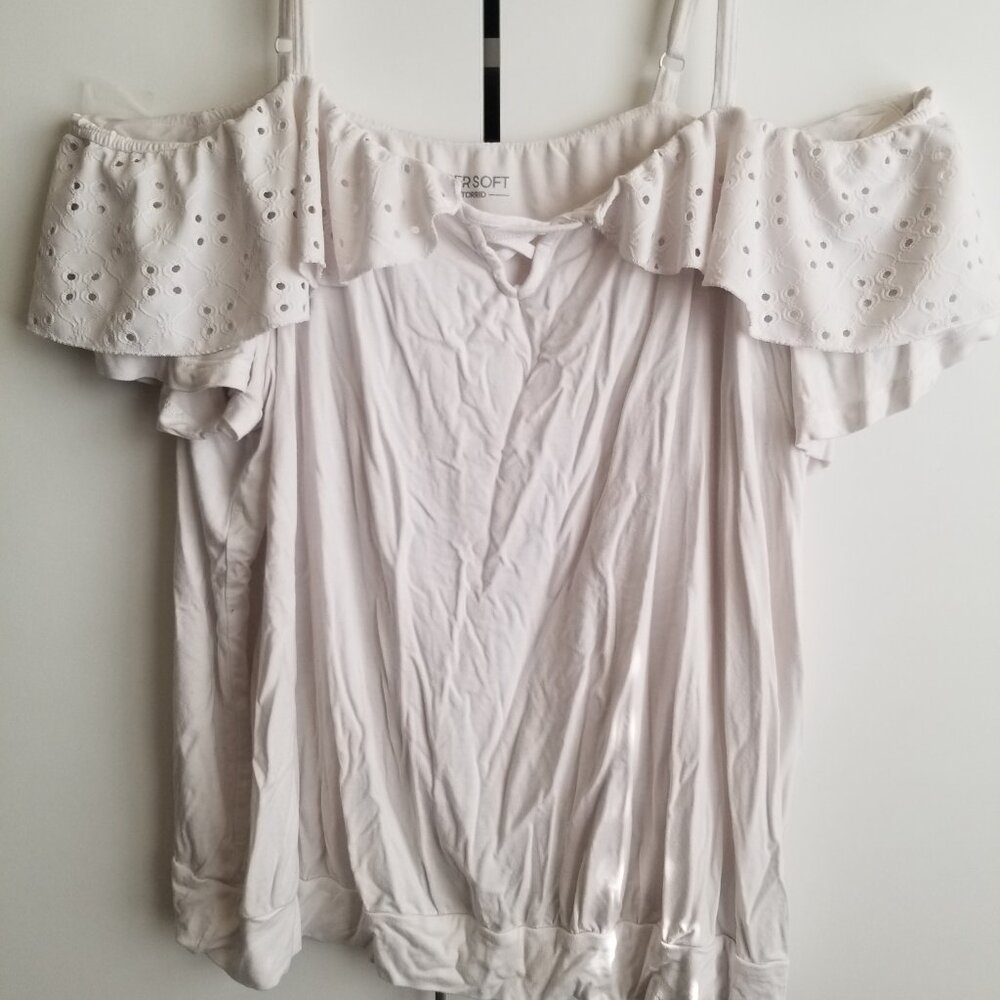 Super Soft Cold Shoulder Eyelet Ruffle Top - Picture 2 of 7